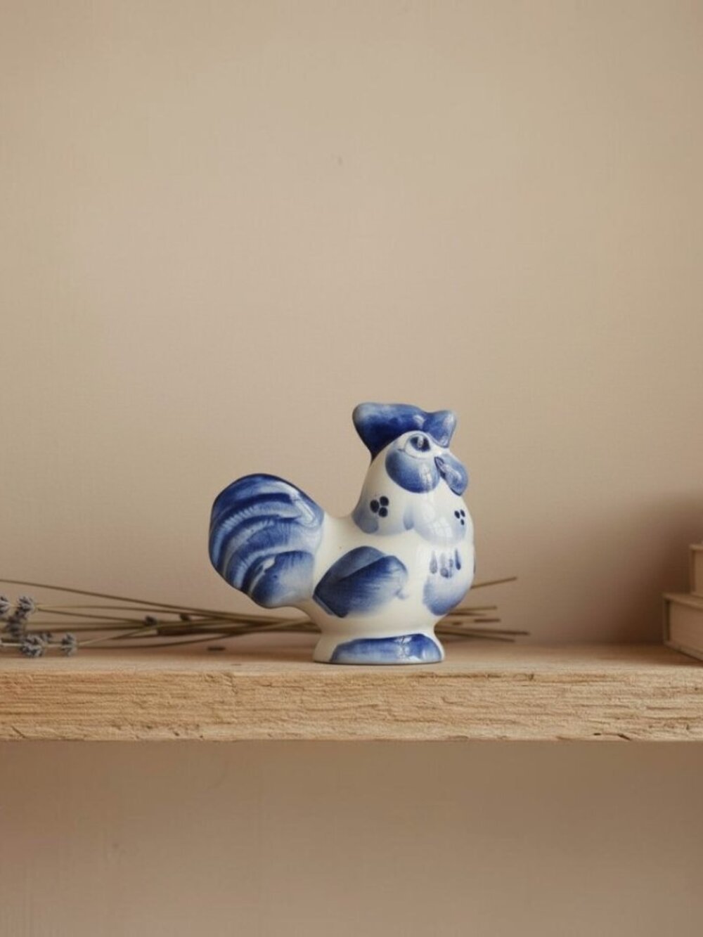 Gzhel Porcelain Rooster Figurine Hand Painted Cobalt Blue White Made in Russia